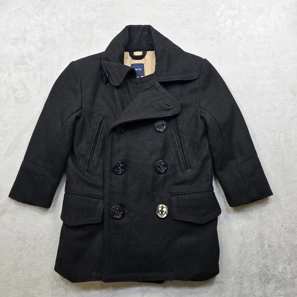 GAP Kids Wool Peacoat Kids Boys Size 6 Black Double Breasted Anchor‎ Buttons